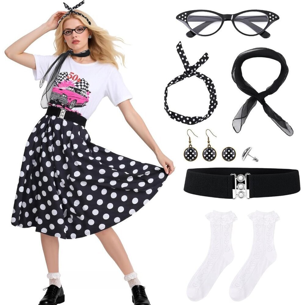 Women Sock Hop Outfit 1950s Poodle Skirt T-Shirt Accessories Halloween